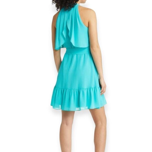 ELIZA J Halter Neck Tiered Popover Dress In Turquoise Blue Size 10 NEW - Picture 6 of 11